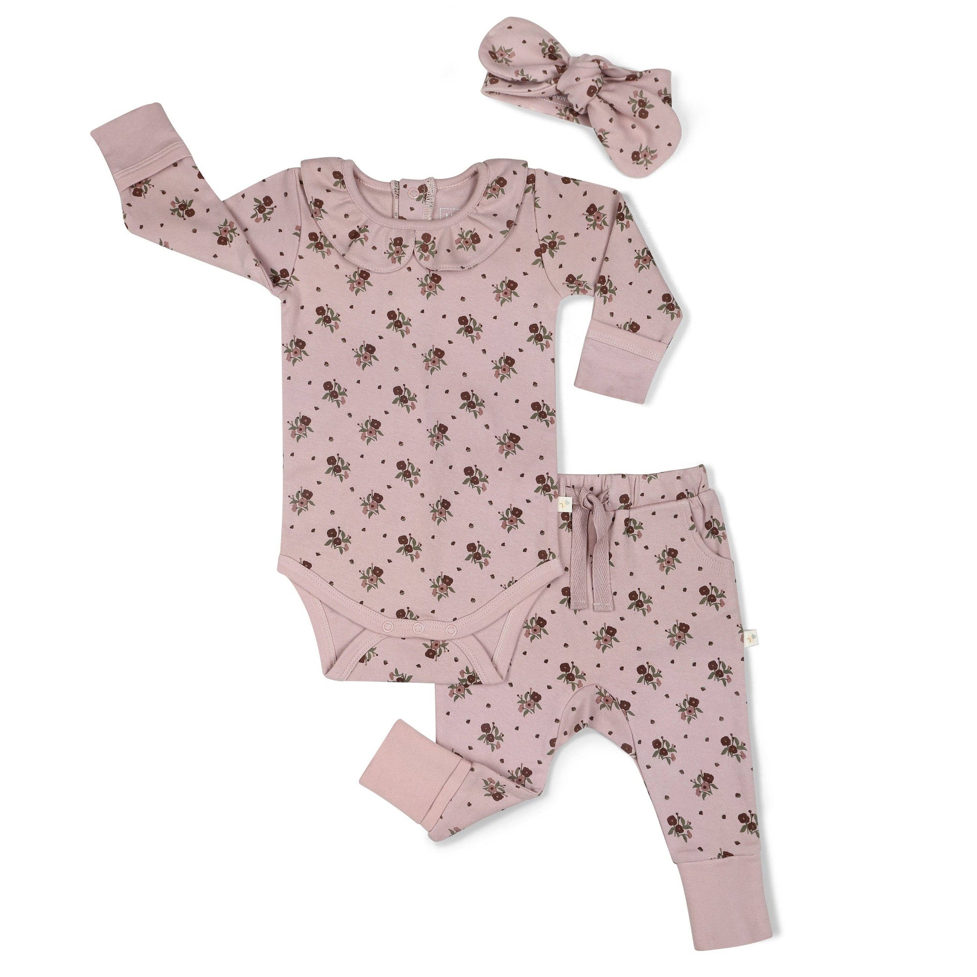 Makemake Organics Organic Ruffle Onesie & Pants Set | Rose Ditsy