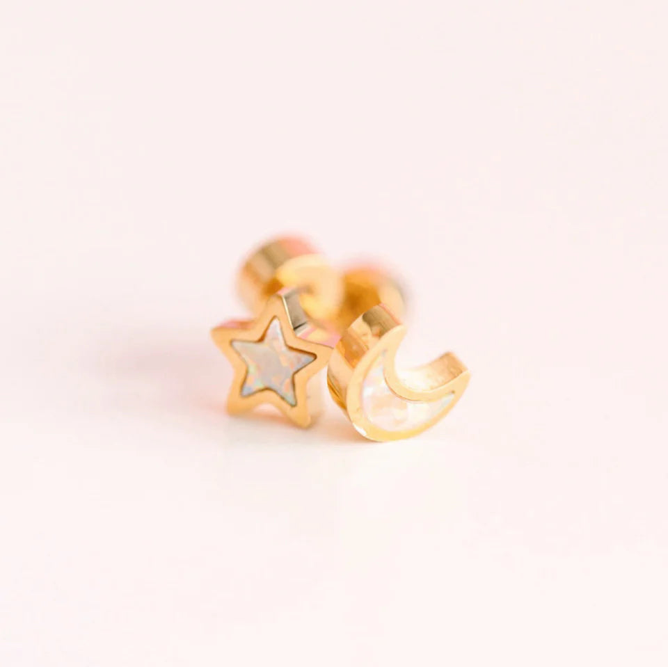 Pierced Co. Moon + Star Opal Screw-Back Earrings