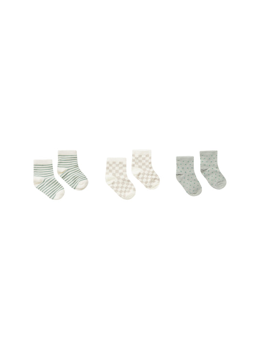 Rylee + Cru Printed Socks 3 Pack | Summer Stripe, Dove Check, Polka Dot