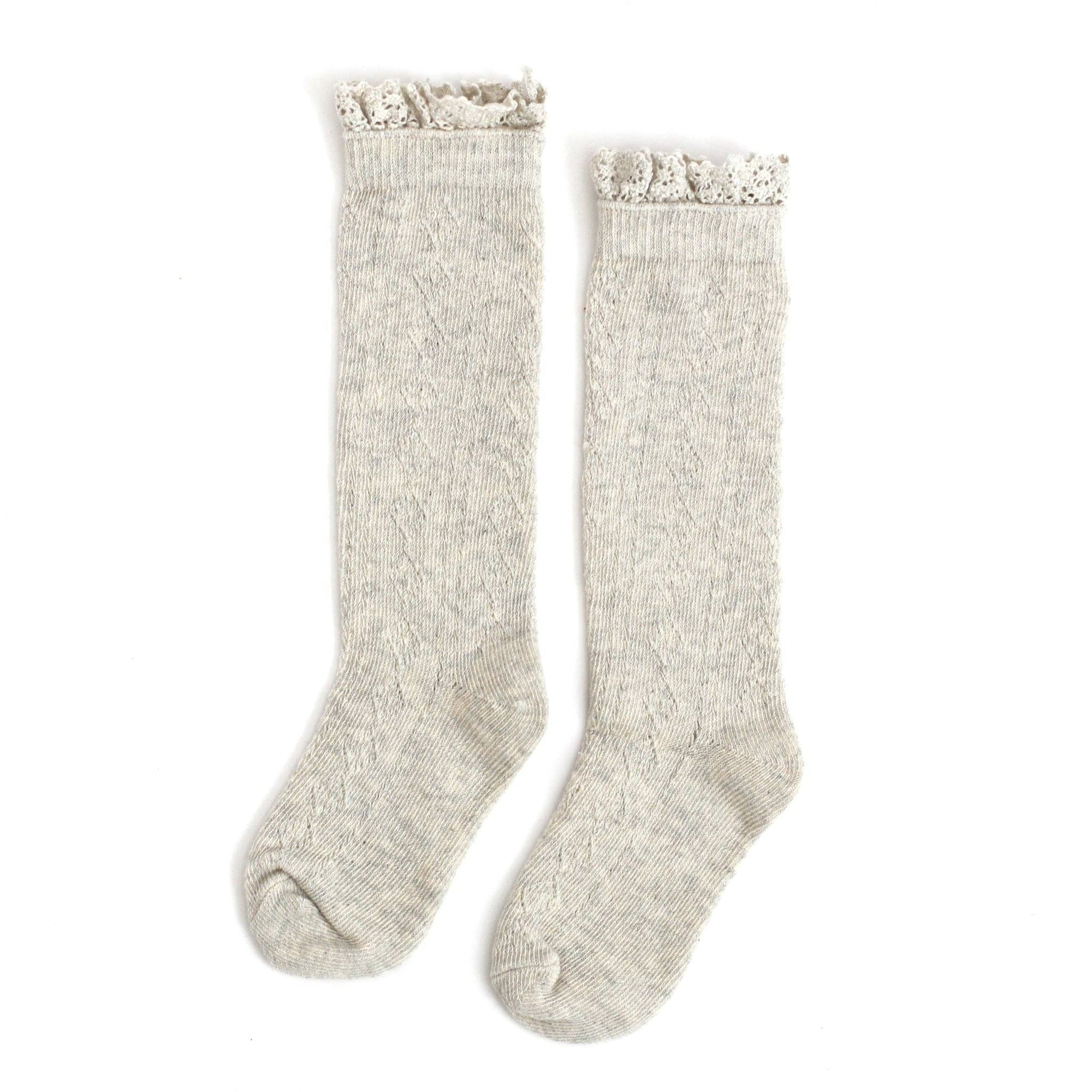 Little Stocking Co. Heathered Ivory Fancy Lace Top Knee High Socks