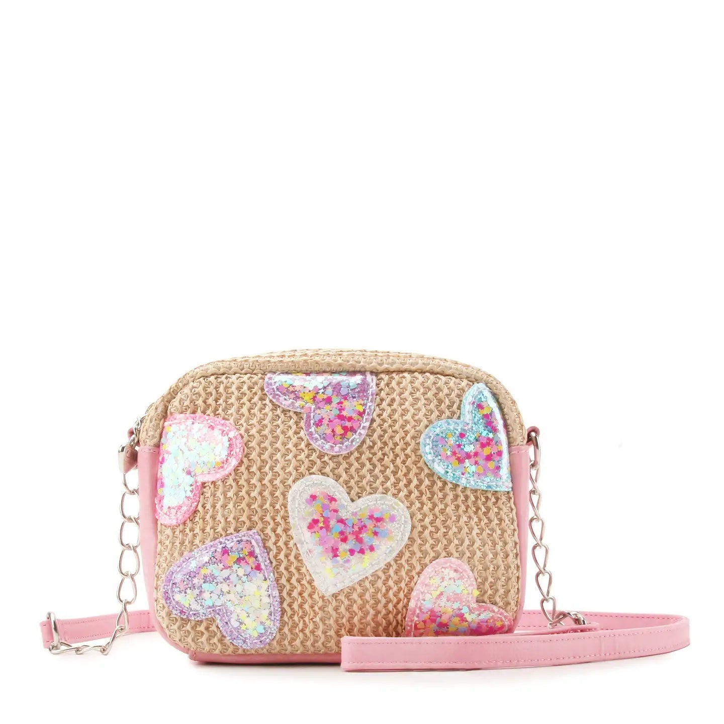 OMG Accessories Confetti Heart Patched Straw Crossbody Bag